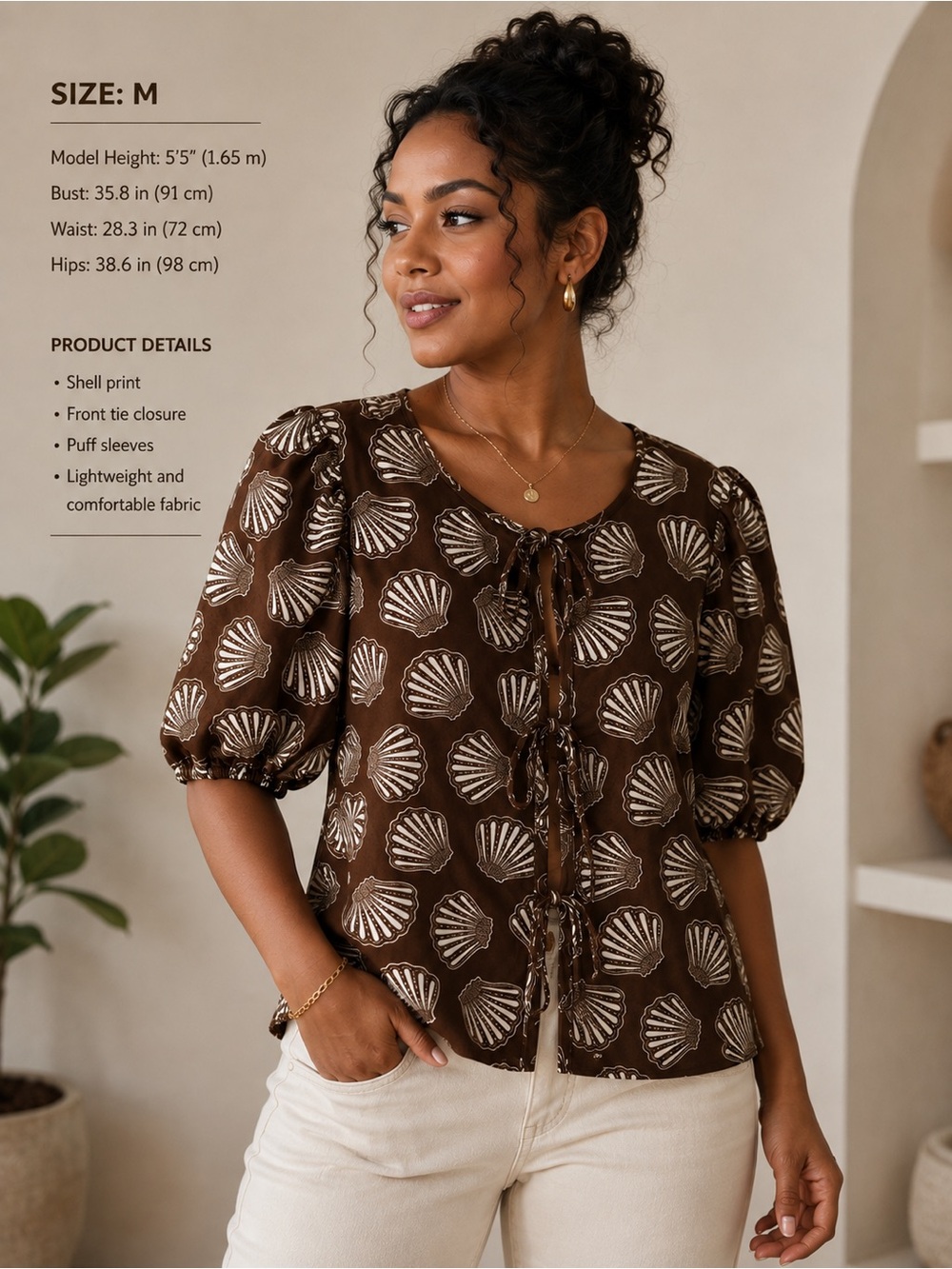 Brown Shell-Print Puff Sleeve Blouse with Front Tie
